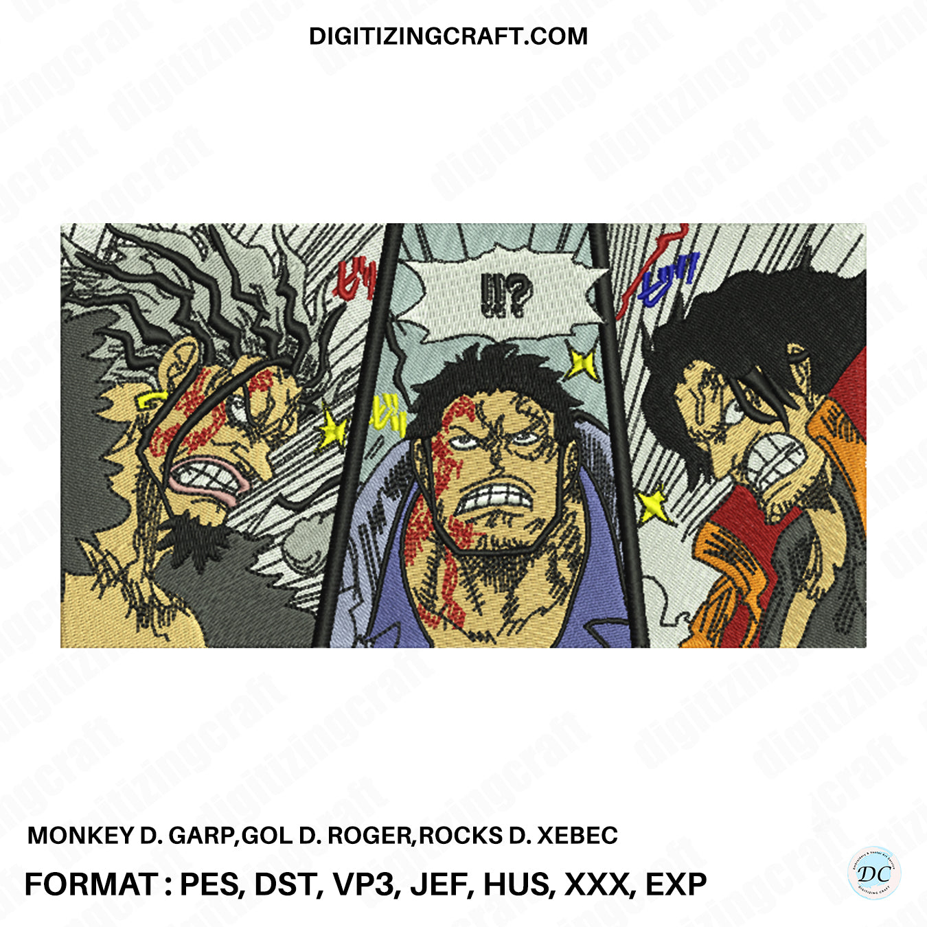 Monkey D. Garp,Gol D. Roger,Rocks D. Xebec one piece anime embroidery design file