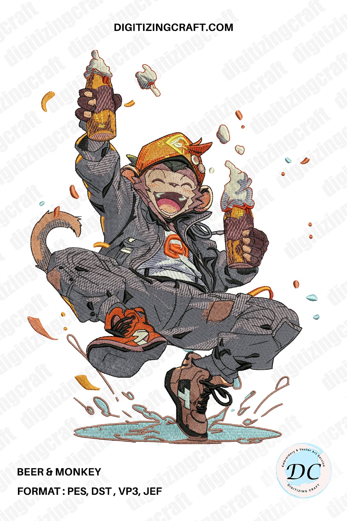 Beer & Monkey Embroidery Design