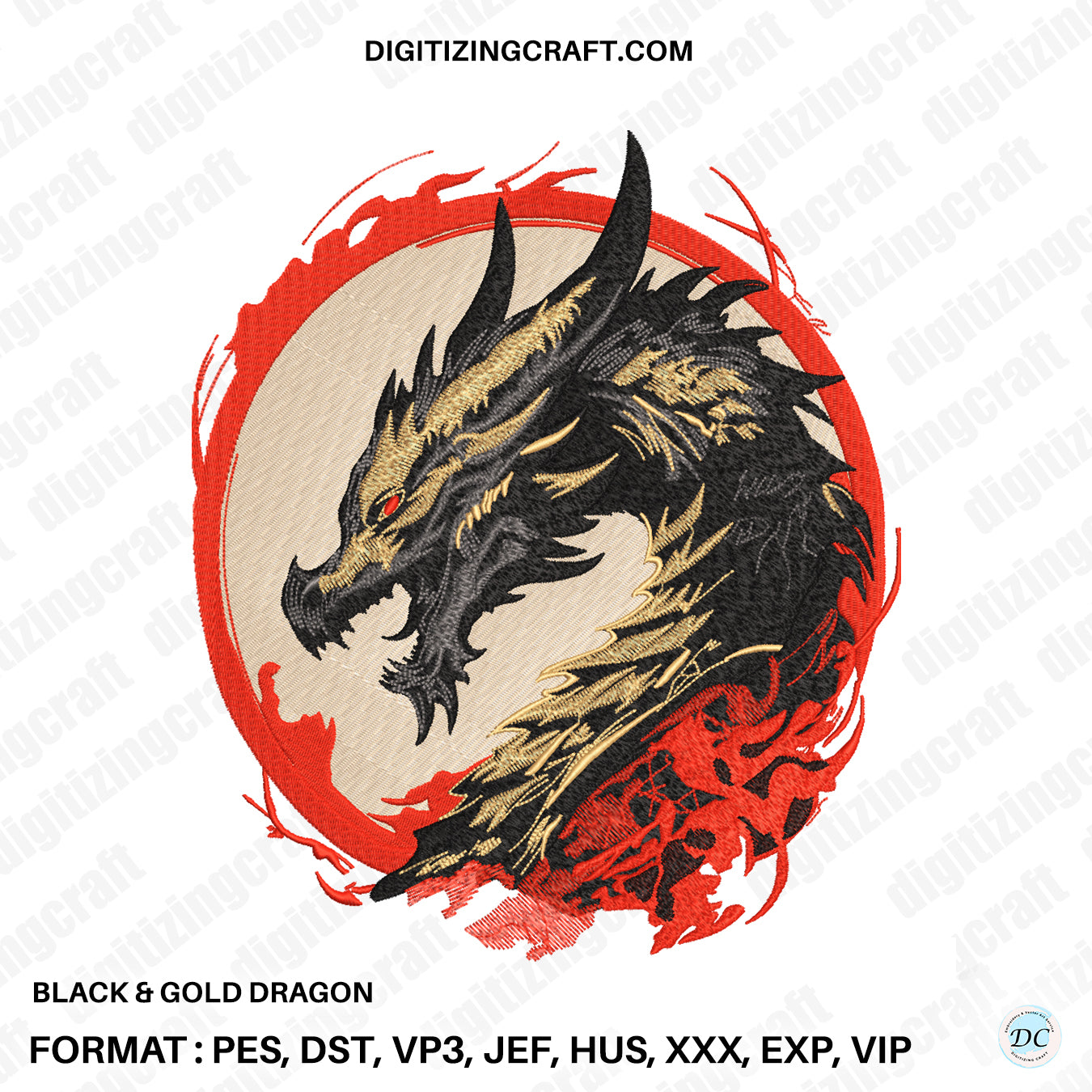 Dragon Black and golden Embroidery design file