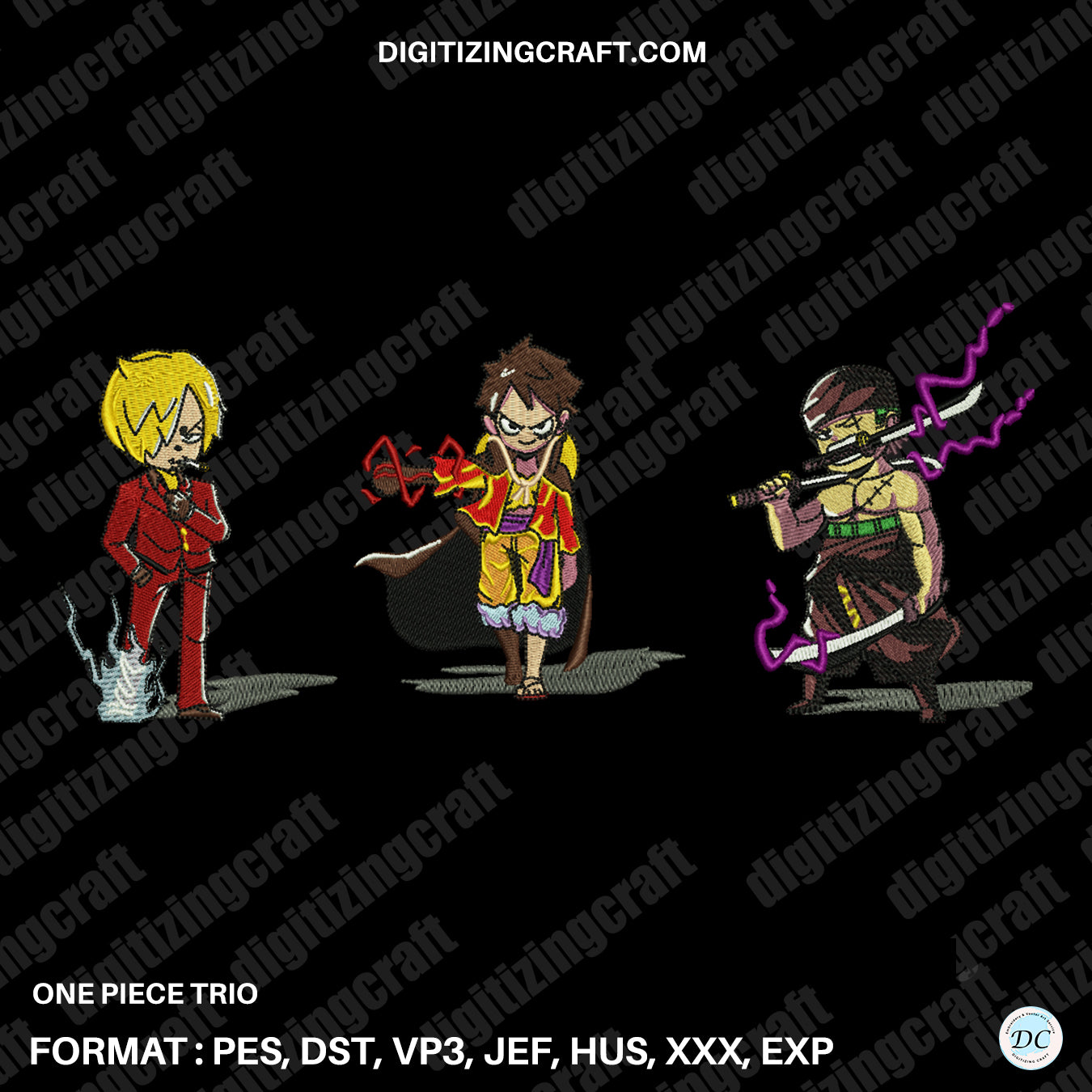 One piece Trio embroidery design file, Luffy Zoro Sanji - DST PES JEF Files