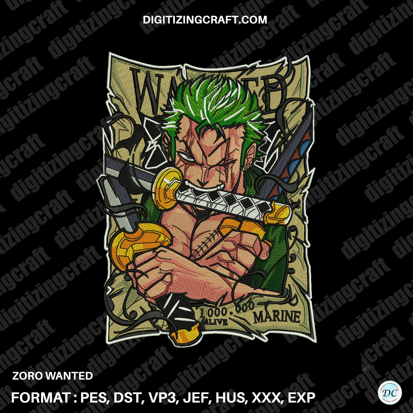 Zoro Wanted embroidery design - PES, HUS, DST, EXP