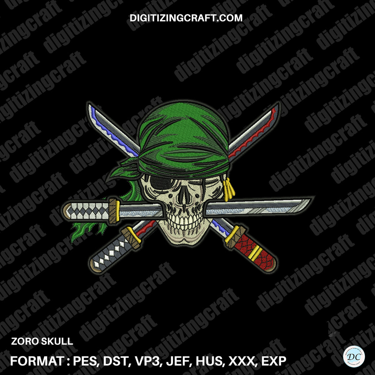Zoro skull embroidery design file