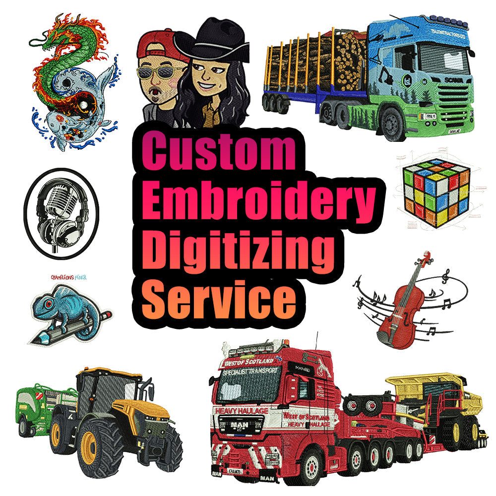 Custom embroidery digitizing examples: logos, trucks and characters turned into stitch files