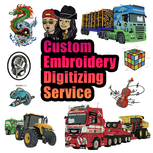 Custom embroidery digitizing examples: logos, trucks and characters turned into stitch files