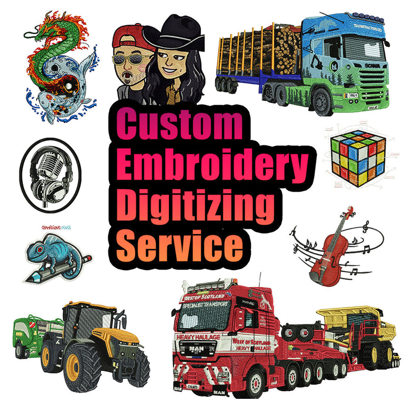 Custom embroidery digitizing examples: logos, trucks and characters turned into stitch files