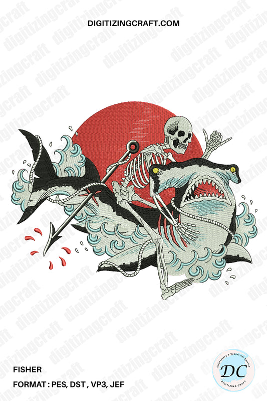 Fisher Skull and shark embroidery design file