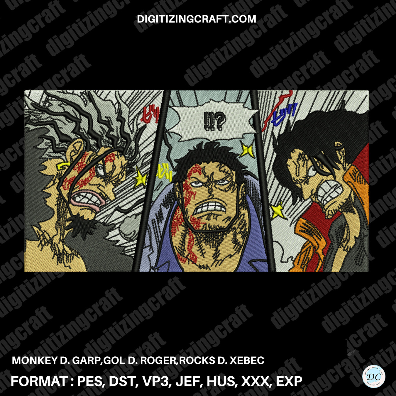 Monkey D. Garp,Gol D. Roger,Rocks D. Xebec one piece anime embroidery design file