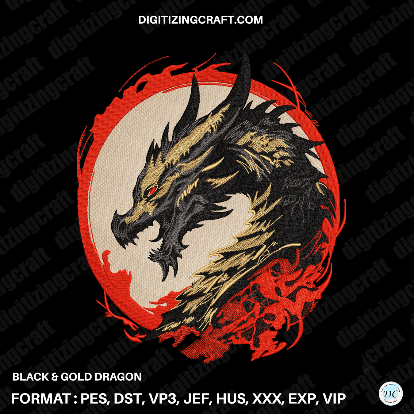 Dragon Black and golden Embroidery design file