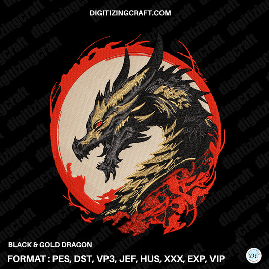 Dragon Black and golden Embroidery design file