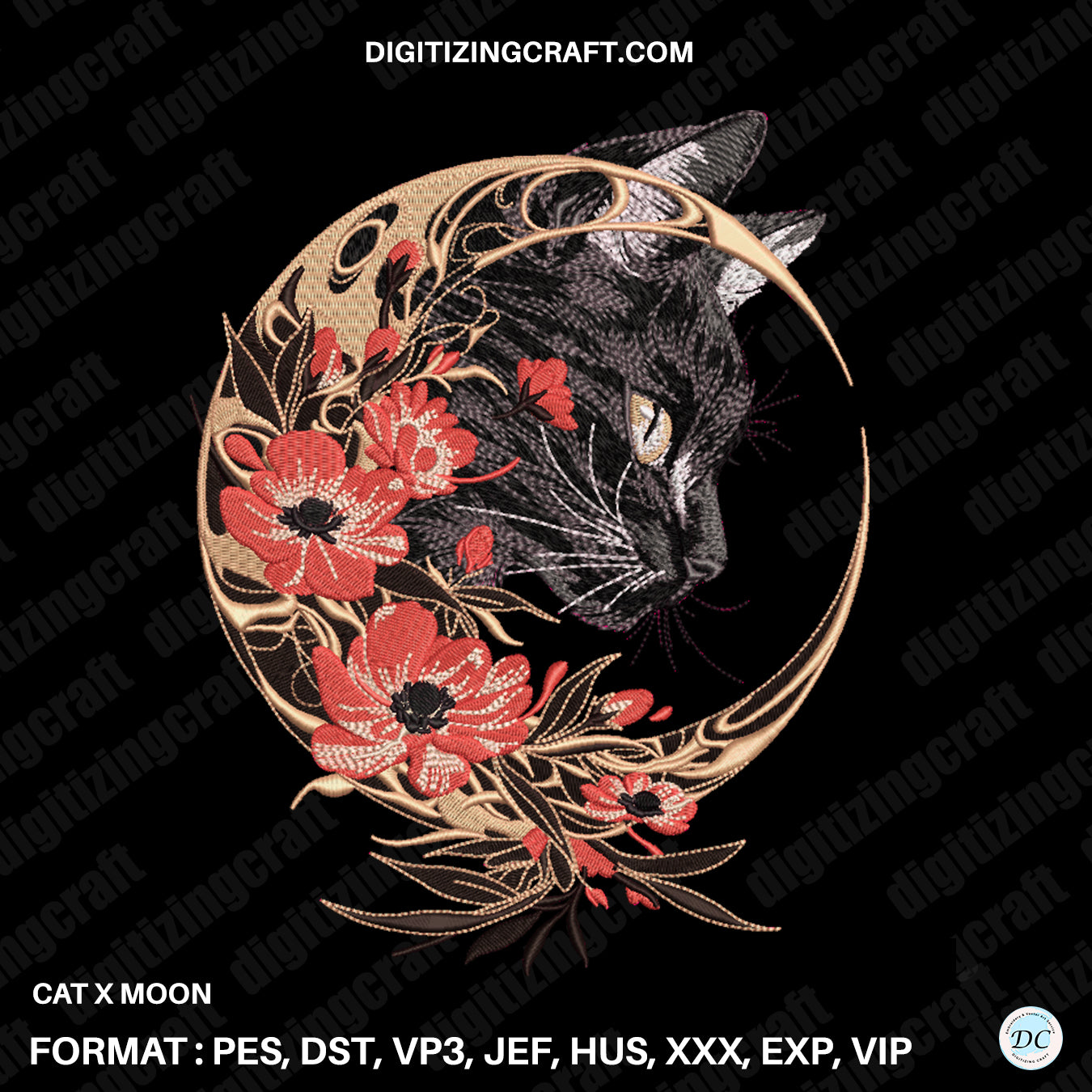 Cat X Moon Embroidery Design File