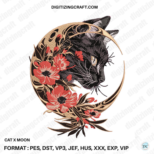 Cat X Moon Embroidery Design File