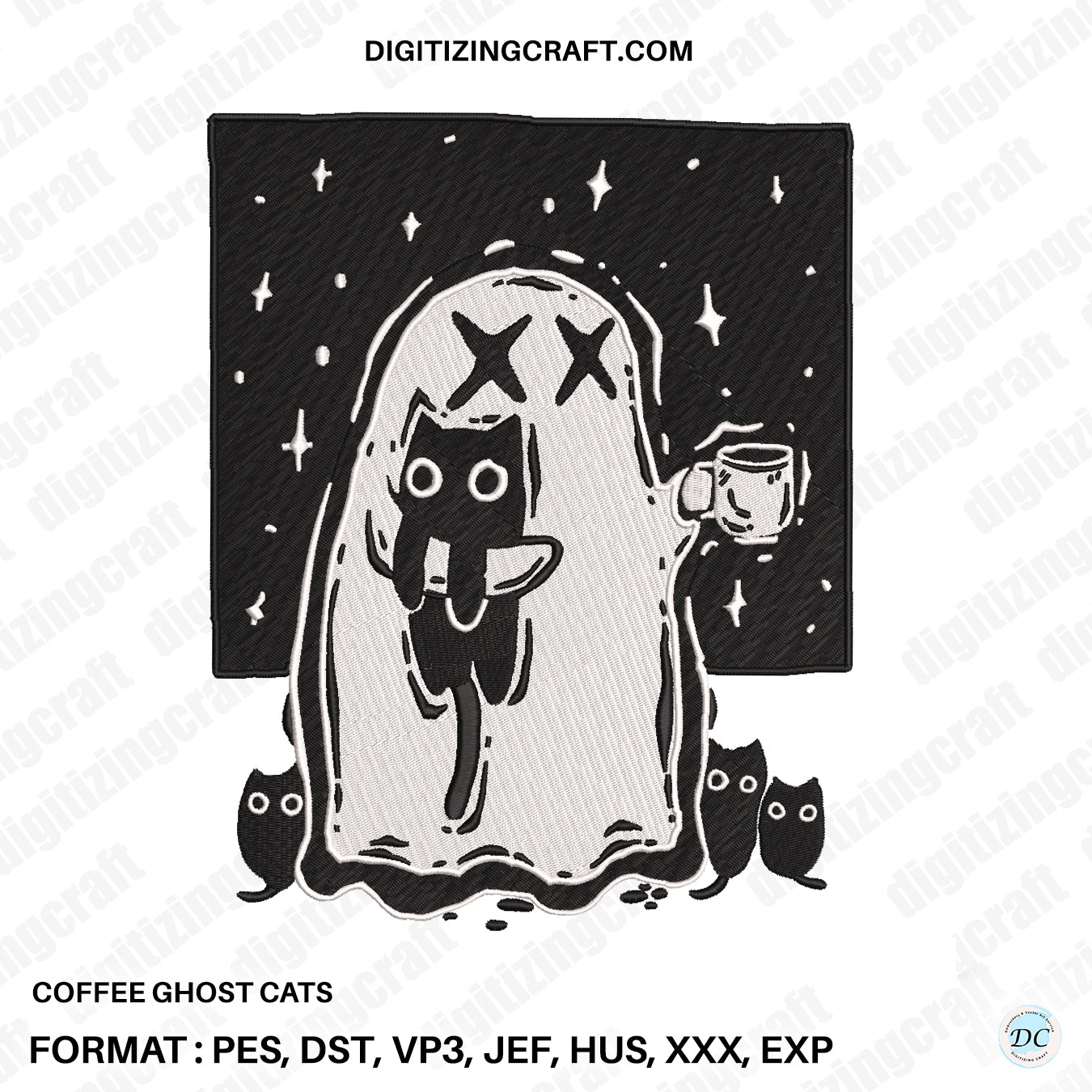 Coffee Ghost Cats Embroidery Design File