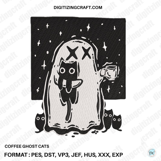 Coffee Ghost Cats Embroidery Design File