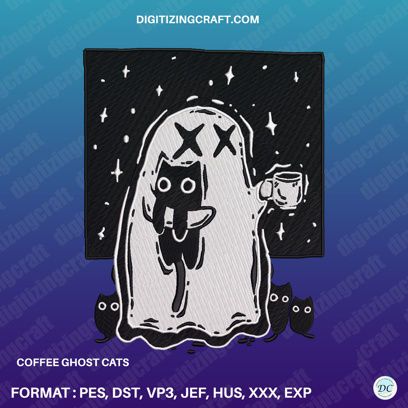 Coffee Ghost Cats Embroidery Design File