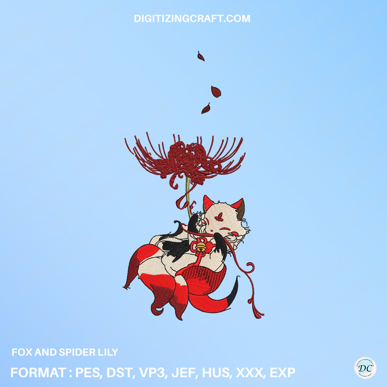 Fox and Spider Lily Embroidery Design - Kawaii Kitsune Digital File