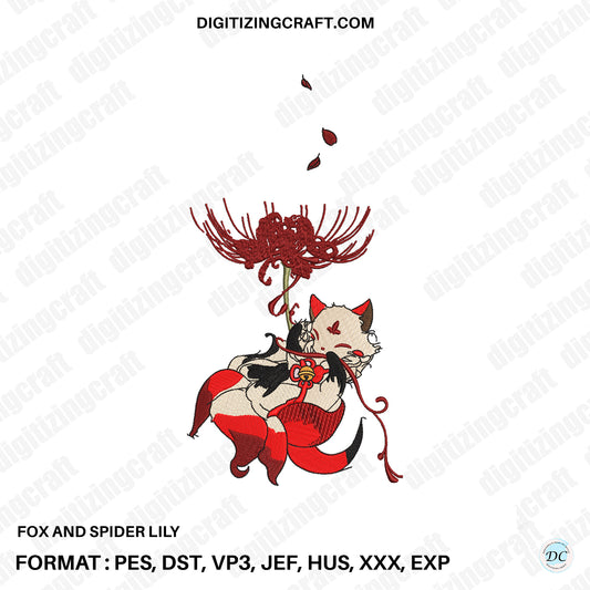 Fox and Spider Lily Embroidery Design - Kawaii Kitsune Digital File