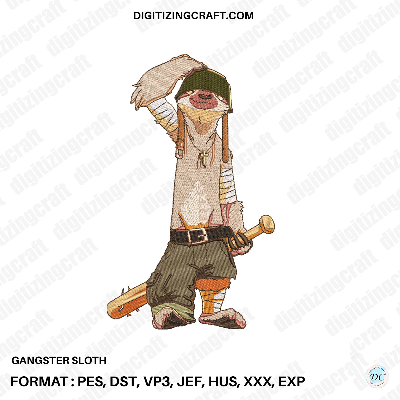 Gangster Sloth Embroidery Design