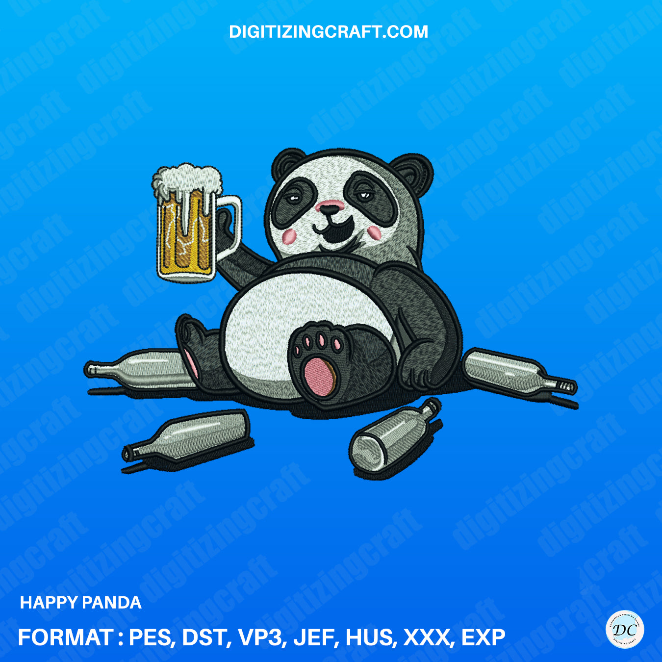 Happy Drunk Panda Embroidery design file