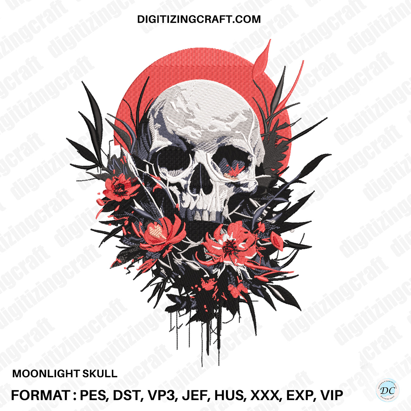 Moonlight skull embroidery design,skulls and flowers