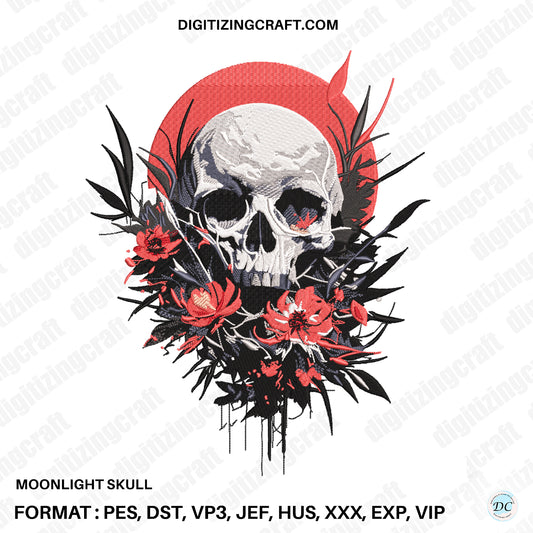 Moonlight skull embroidery design,skulls and flowers