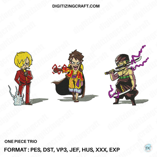 One piece Trio embroidery design file, Luffy Zoro Sanji - DST PES JEF Files