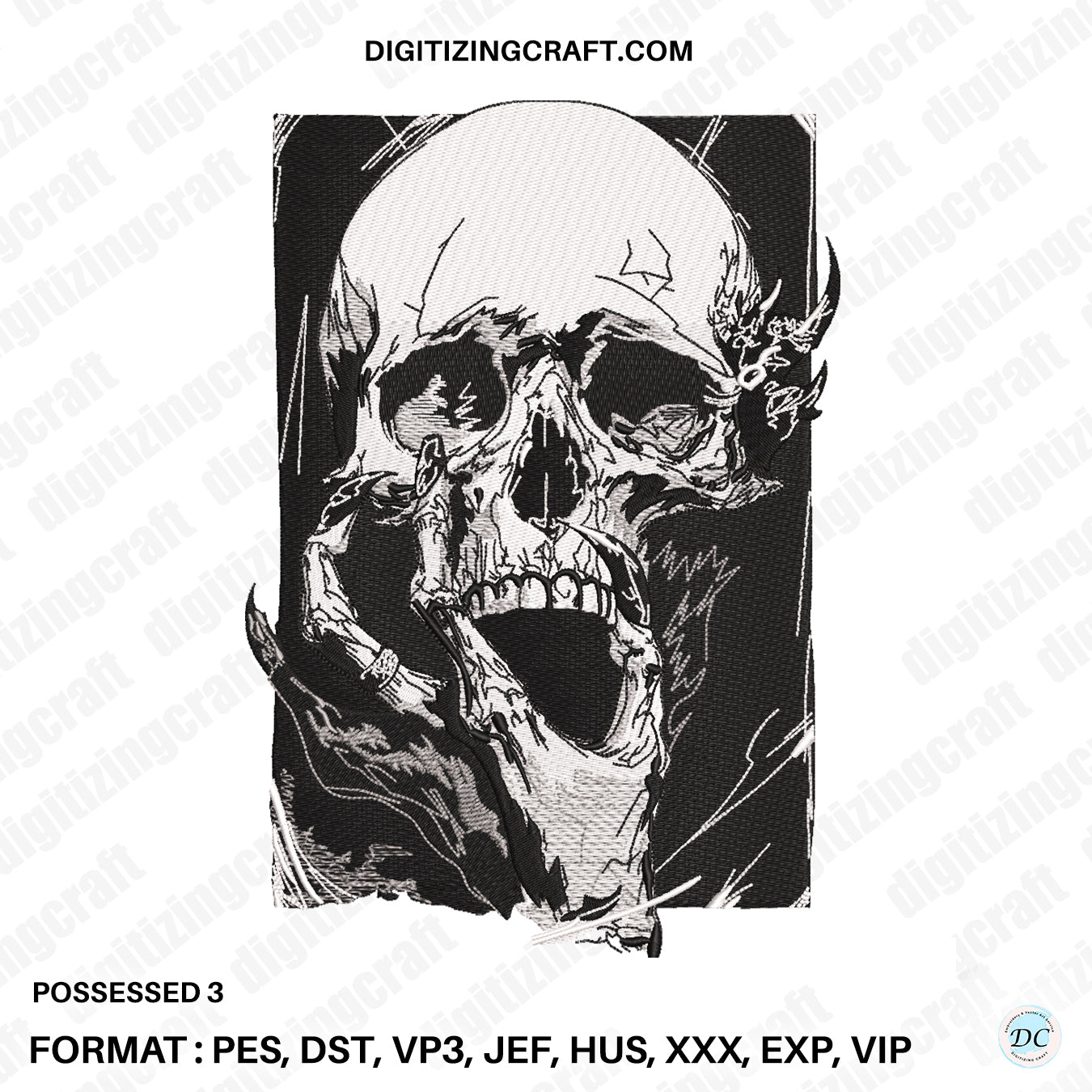 Possesed 3 Embroidery design file,Skull design