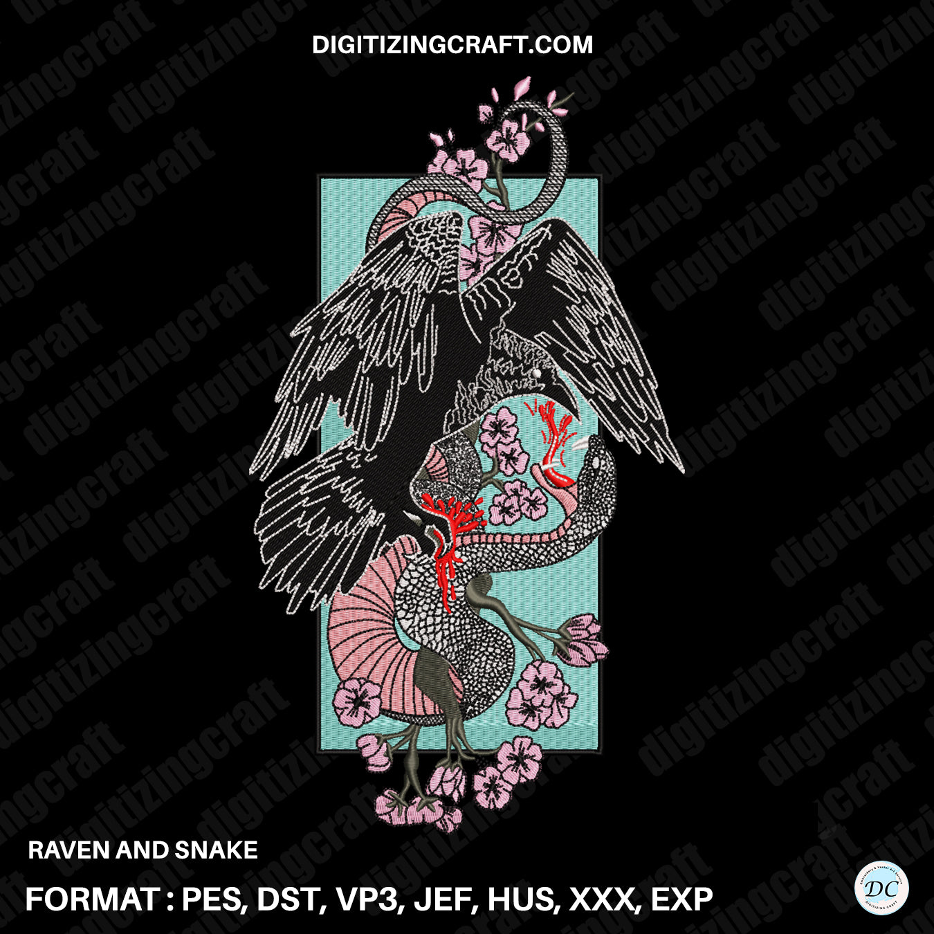 Raven and Snake Battle Embroidery Design – Gothic Animal Pattern with Floral Accents embroidery design file