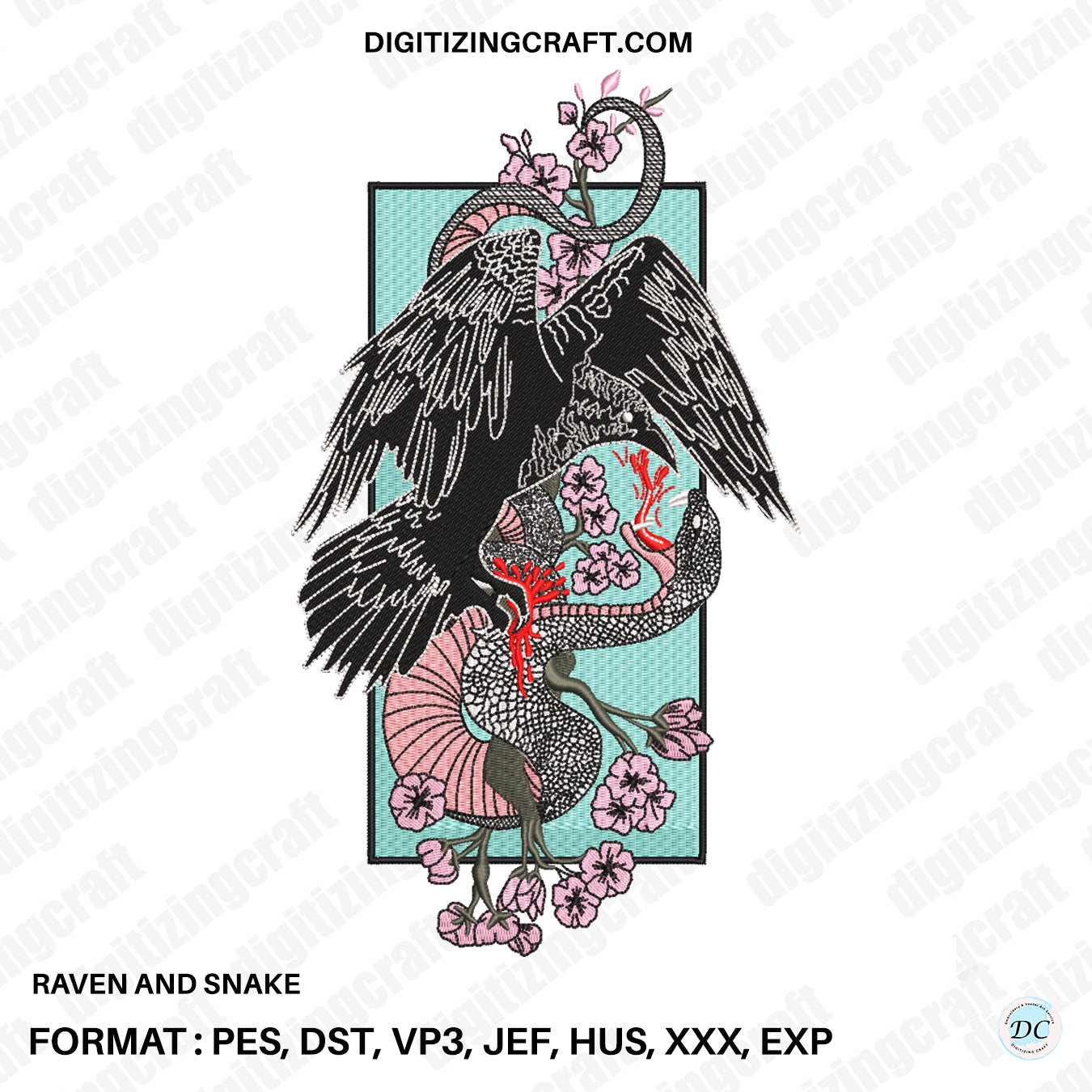 Raven and Snake Battle Embroidery Design – Gothic Animal Pattern with Floral Accents embroidery design file