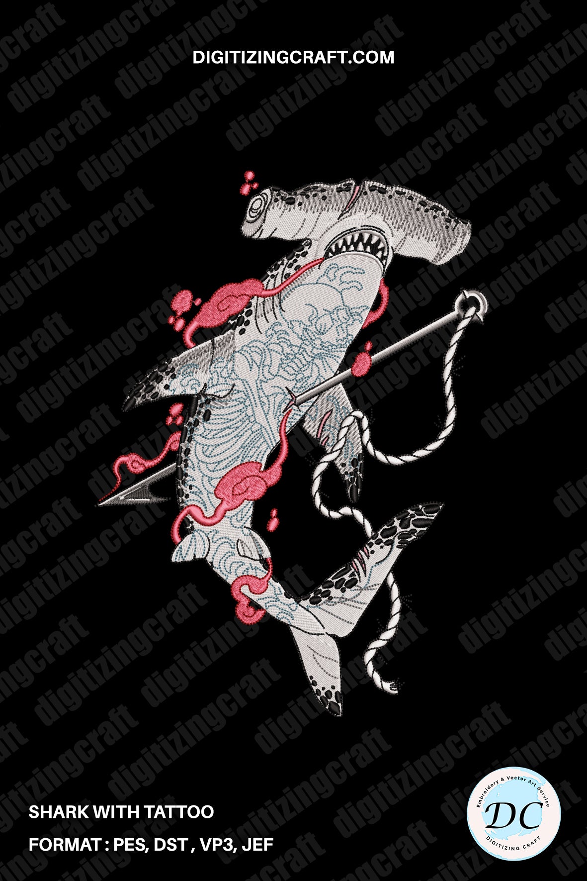 Shark with a skull tattoo embroidery design file,shark,hammerhead shark
