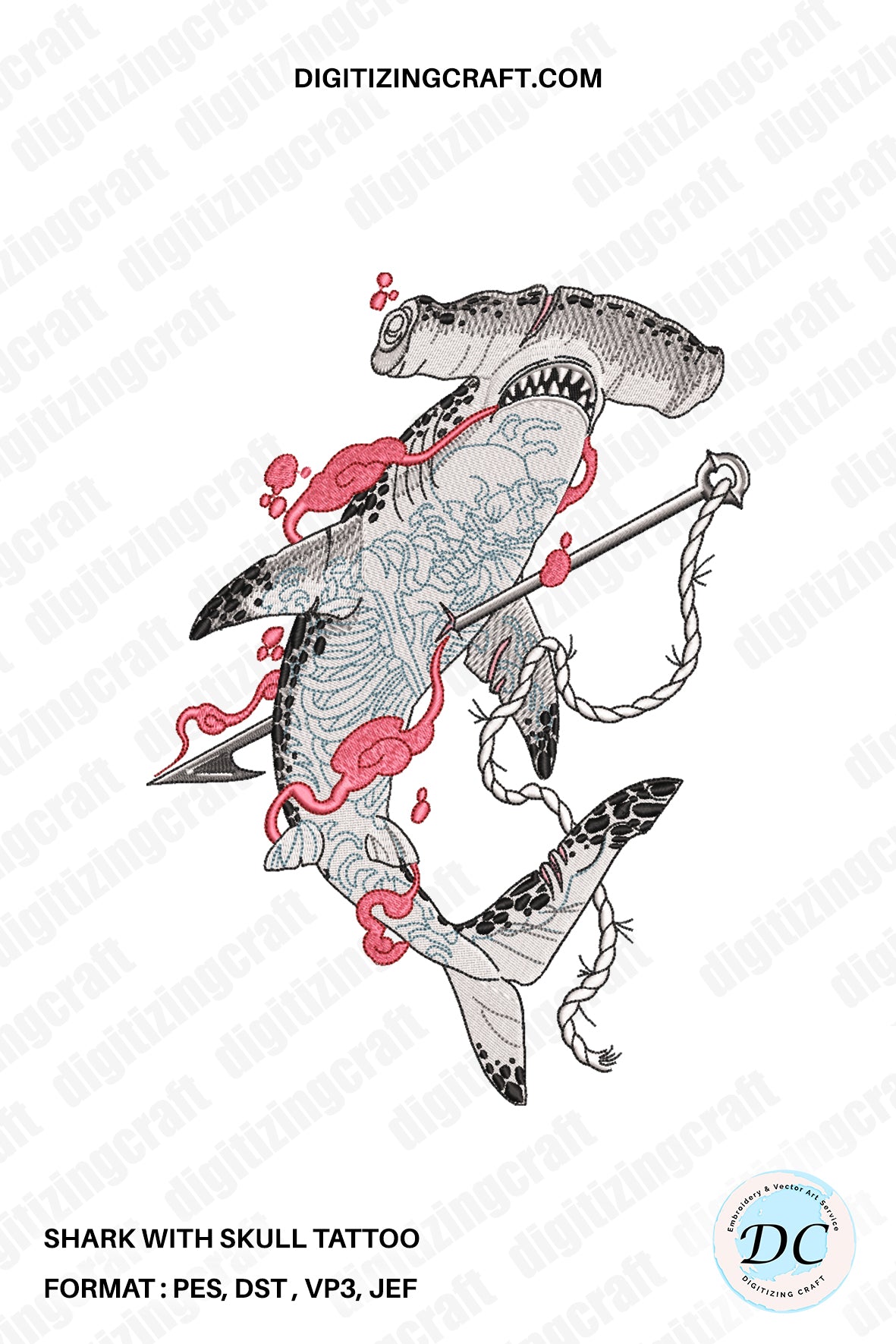 Shark with a skull tattoo embroidery design file,shark,hammerhead shark