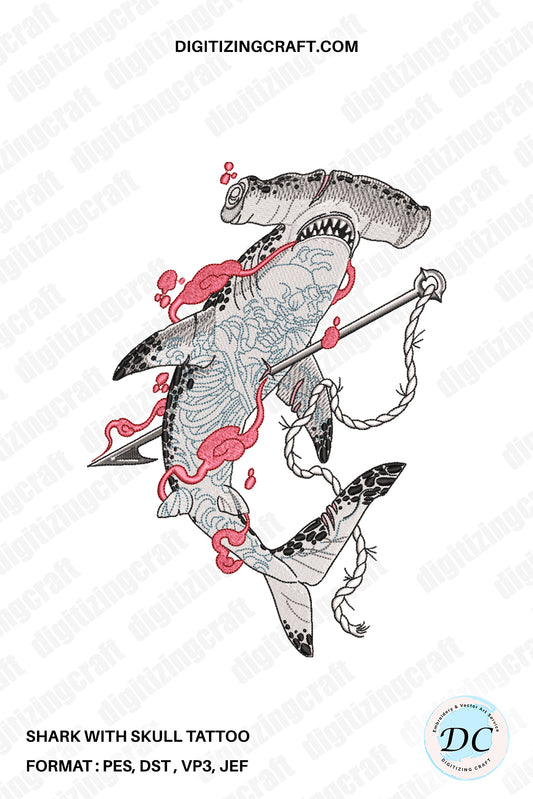 Shark with a skull tattoo embroidery design file,shark,hammerhead shark