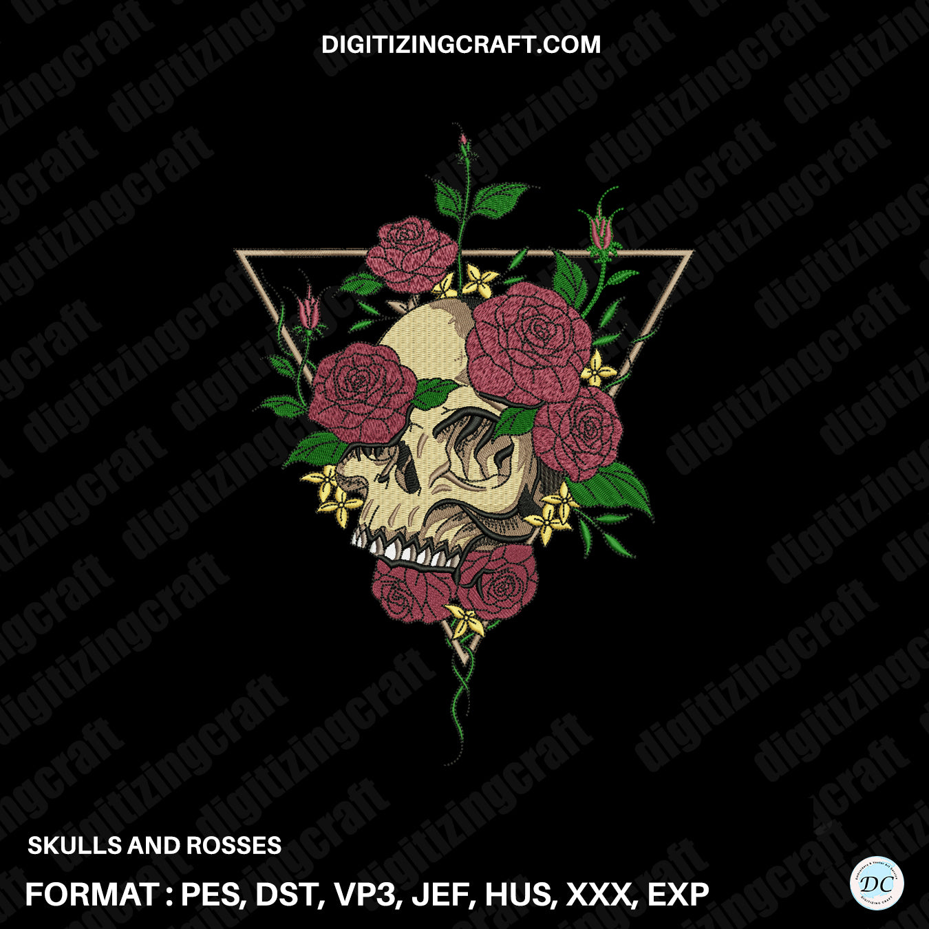 Skulls and roses embroidery design file