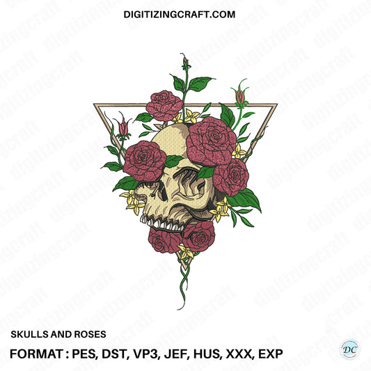 Skulls and roses embroidery design file