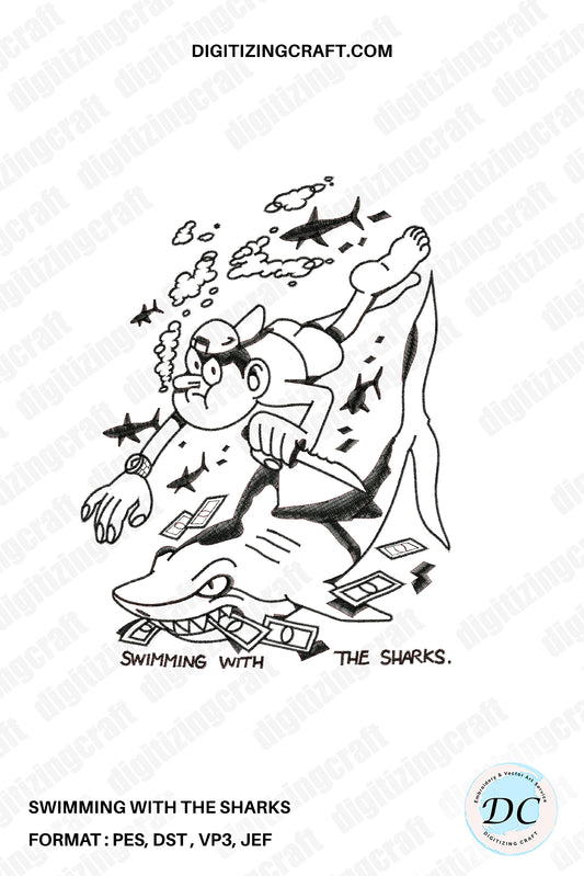 Swimming with the sharks Embroidery Design File