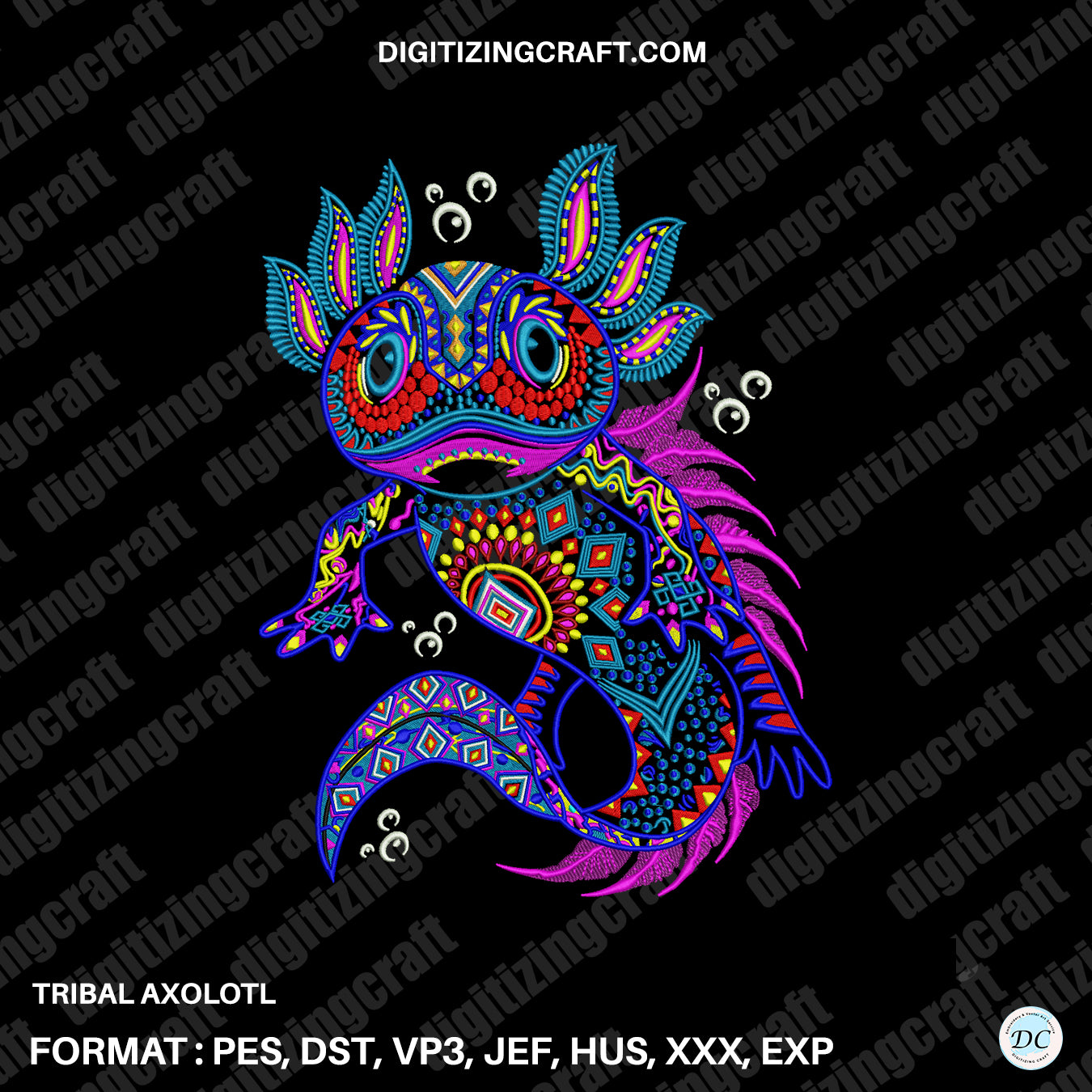 Tribal Axolotl embroidery design file