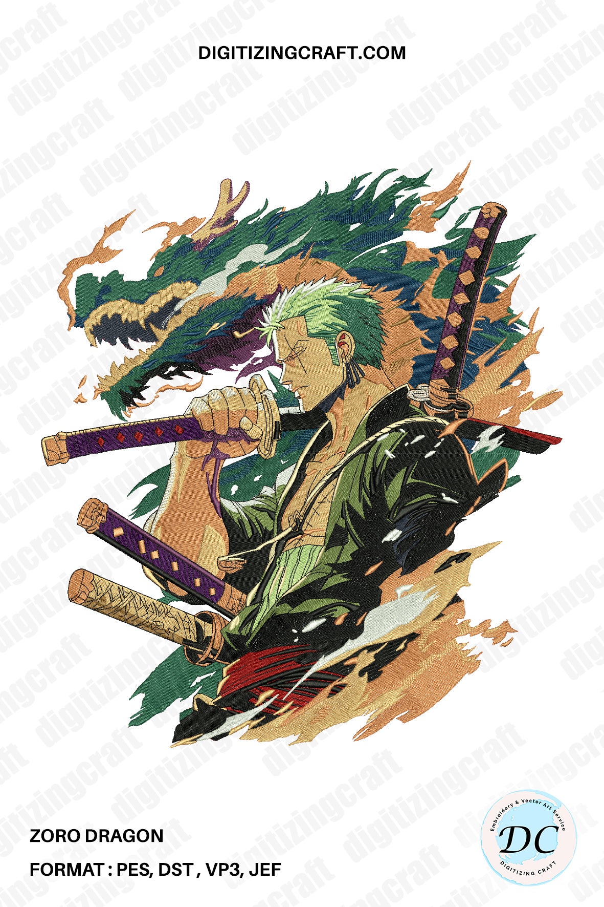 Zoro dragon embroidery design file