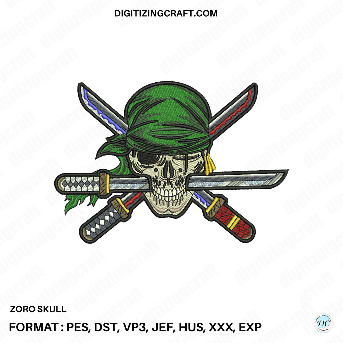 Zoro skull embroidery design file